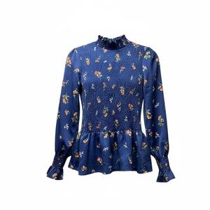 Mary & Mo Blue Floral Smocked Cottagecore Peplum blouse. Size Small